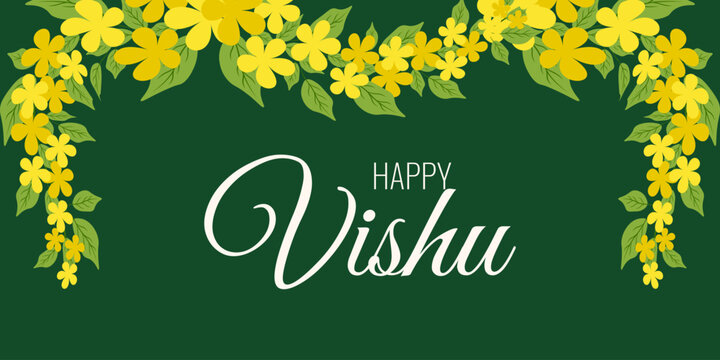 Happy Vishu horizontal Banner design. Vector golden rain tree Floral Frame with elegant holiday Happy Vishu message isolated green background. EPS 10
