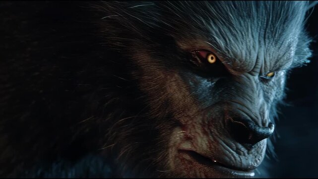 Ferocious werewolf creature snarling with glowing amber eyes