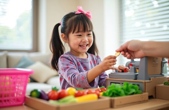 Young Asian girl plays shopkeeper in her home kitchen. She happily takes a gold coin for toy groceries. Learning kid enjoys pretend play activity.