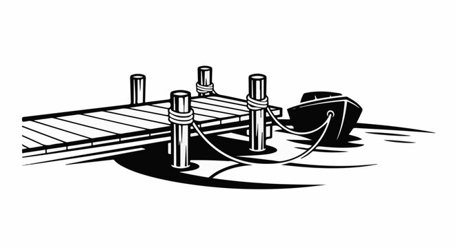 A wooden dock with mooring posts and a boat tied to one of them