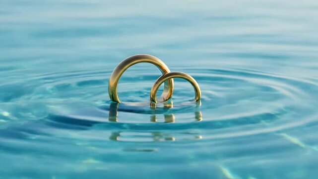 Two golden rings floating in clear blue water, symbolizing love and commitment forever