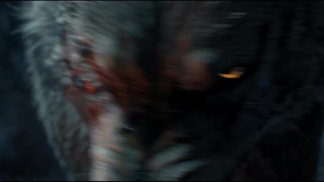 Aggressive werewolf face close up with glowing eyes and bared teeth