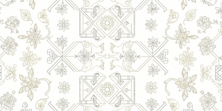 Minimalist Floral Line Art Pattern, Monochrome Geometric Tile Design