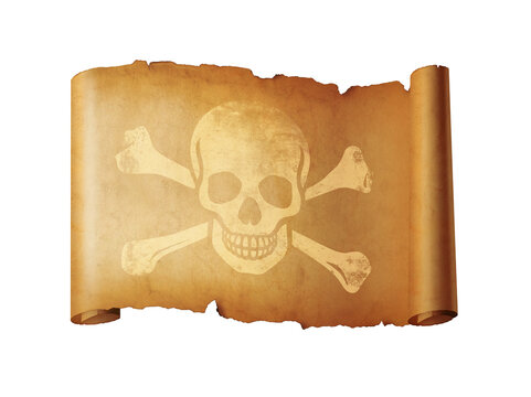 Old Pirate skull parchment scroll isolated on white