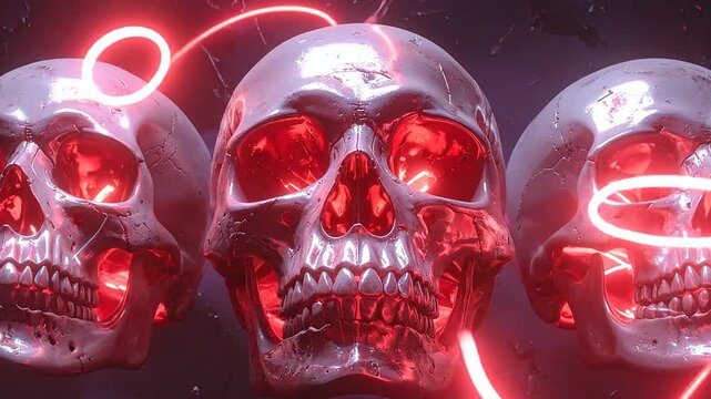 Three metallic skulls with glowing red lines in a dark environment, a spooky concept image