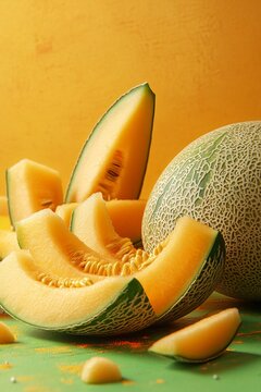 Close Up of Fresh Cantaloupe Slices on Wooden Table, Perfect for Summer Snacks and Healthy Eating
