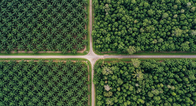 Aerial View of Palm Oil Plantation vs Natural Forest - Sawit