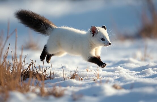 Small ermine in white winter fur jumps over snowy field. This fast predator hunts in cold weather. Mammal has dark paws and tail tip. Wild animal moves swiftly.