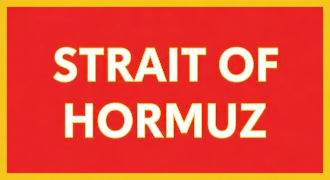 Strait of Hormuz text graphic on red background, bold white typography for news and geopolitical concepts, maritime trade and shipping route label