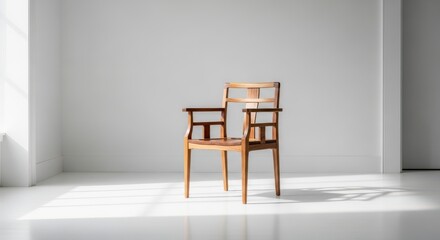 Fototapeta premium A wooden chair sits alone in a bright and minimalist room with white walls and floor