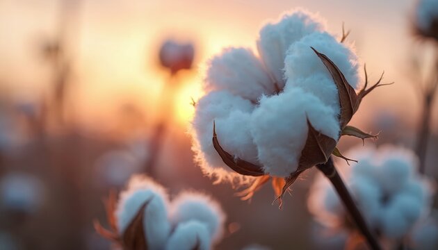 Soft white cotton boll matures on plant stalk at sunrise. Close-up view shows fluffy fiber detail in field. Harvest ready natural crop glows warm.
