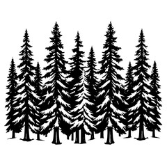 Obraz premium A black silhouette of a forest of pine trees on a transparent background