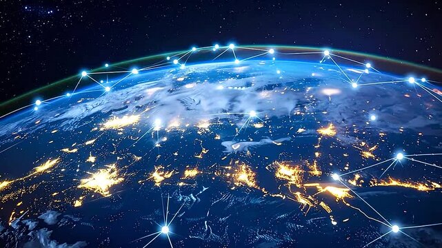 A beautiful view of the planet with connected network lines and bright city lights at night