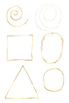 Set of vintage gold frames. Cute romantic wedding invitation decoration elegant poster design. Border hand drawn line set. Watercolor Gold foil Geometric shapes for holiday projects, congratulations.
