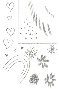 Silver set of floral elements, , rainbow, lines, flowers, leaves, strokes, dots, geometric. Border frame hand drawn line set. PNG.  Abstract shiny silver glitter png design element. Premium design.