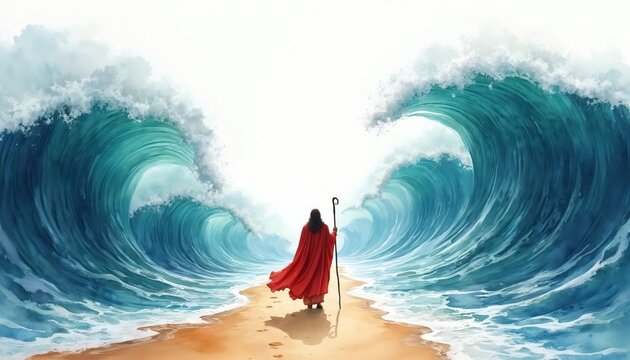 Moses parts Red Sea with staff. Water walls rise as people walk on dry path. Bible story illustration in watercolor style. Divine intervention miracle.
