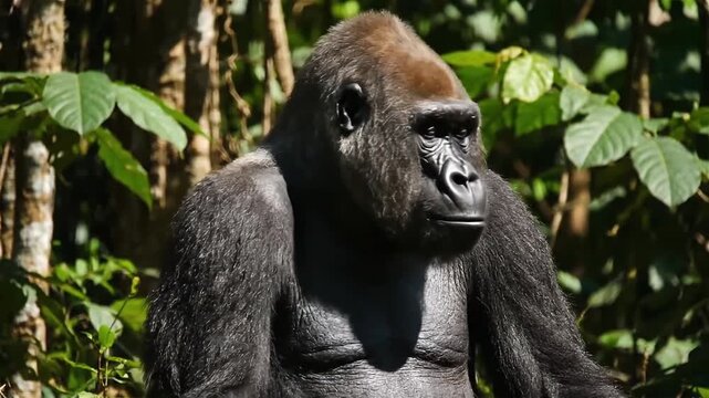 Close up of A big silverback male gorilla (Gorilla gorilla) sitting in the African forest, Republic of the Congo.