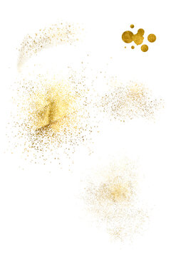 Golden dot set, spray and texture. Gold sparkle, splatter border. Golden foil glitter. Golden brush stroke. Abstract shiny PNG design element with golden particles. Premium wedding design card.