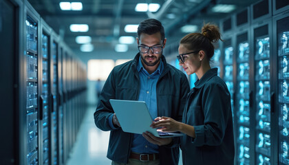 Two engineers examine server racks in data center. They use laptop for analysis of system performance and network status. Colleagues collaborate on tech infrastructure.