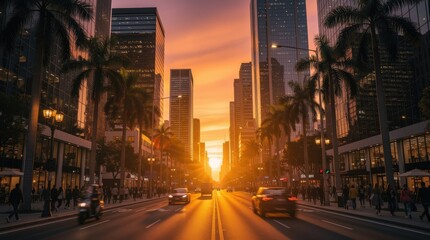 Naklejka premium A vibrant city street at sunset with tall skyscrapers, palm trees, and busy traffic creating a warm, glowing urban atmosphere.