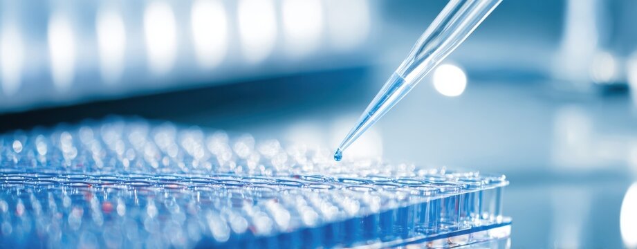 The Pipette Dispensing a Droplet into a Blue Microplate for Laboratory Research and Diagnostics