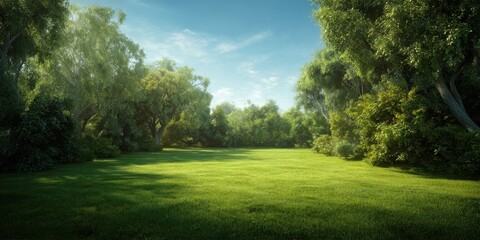 Obraz premium The Meadow of Sunlit Green Grass Surrounded by Lush Trees Under Blue Sky