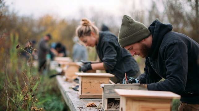 People working on wooden birdhouses in an outdoor area during cloudy weather