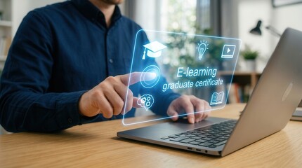 Fototapeta premium A person's hand touching a virtual E-learning interface with a graduate certificate icon.