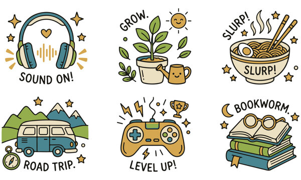 Whimsical illustration bundle featuring everyday pleasures, personal interests, and recreational activities in a fun, artistic style