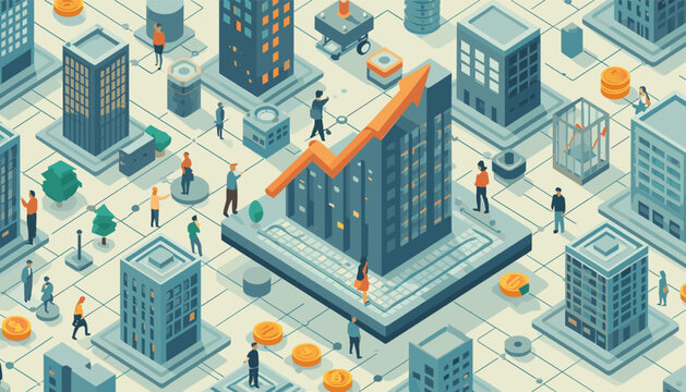 A stylized isometric illustration depicting urban life, ideal for conveying concepts of connectivity, modern living, and societal dynamics in marketin