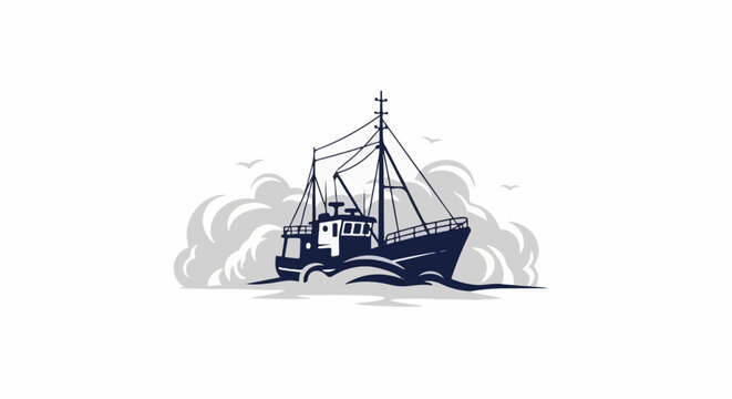A stylized fishing trawler navigates choppy seas under a cloudy sky