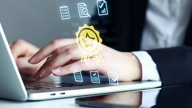 Working on a laptop while reviewing documents with icons showing performance and quality assessment.