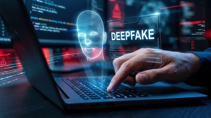 Fototapeta premium Deepfake technology and cybersecurity risks involving facial recognition and digital identity threats.