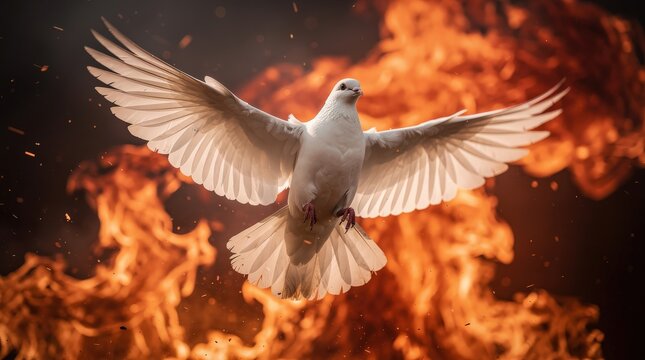 A white dove spreads its wings wide, flying in front of intense, blazing flames in the background.