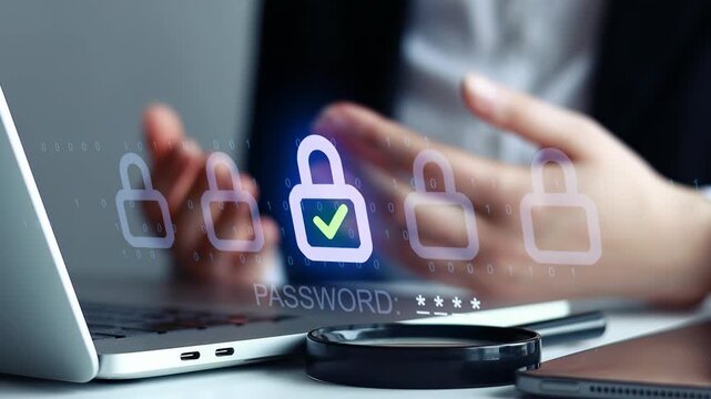 User enters password on laptop while discussing online security concepts at a workspace in the afternoon.