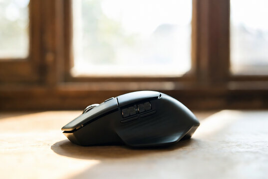 A Logitech mouse rests on a wooden surface near a window with sunlight illuminating the scene.
