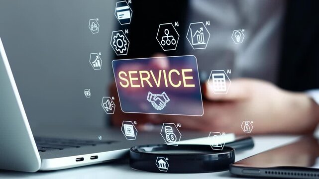 Service icons and digital tools show support for business and customer needs in modern workspace environment.