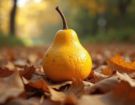 Yellow ugli fruit sits on dry autumn leaves. Soft sunlight filters through trees creating warm golden glow. Nature scene evokes harvest time freshness and seasonal change.