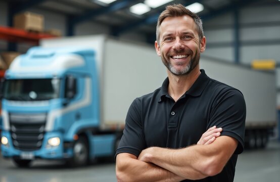 Smiling warehouse manager with arms crossed stands before blue truck inside distribution facility. He wears black polo shirt and has beard. Man appears confident and experienced in his logistics role.