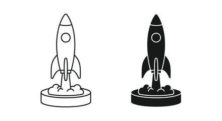 A minimalist depiction showcases two black and white rocket ship icons launching from circular platforms high quality professional © Nupur02