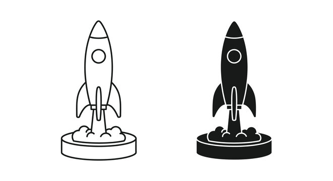 A minimalist depiction showcases two black and white rocket ship icons launching from circular platforms high quality professional