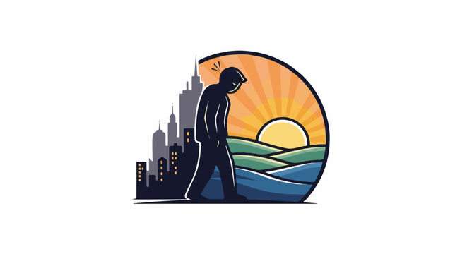 Silhouette of dejected figure walks from city toward sunrise over rolling hills and water
