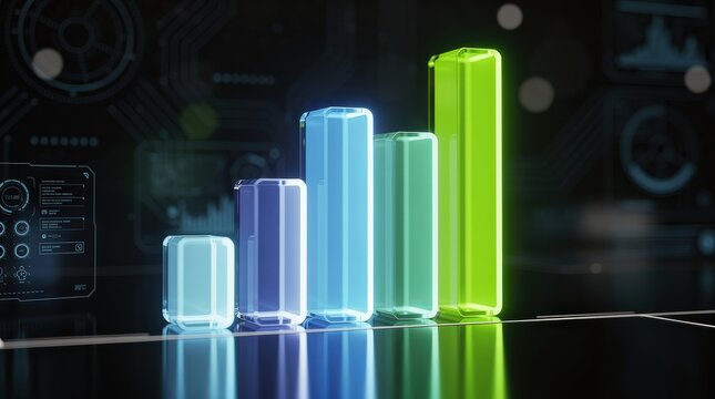 A glowing 3D bar chart with five ascending bars in blue and green hues set against a dark futuristic digital interface background.
