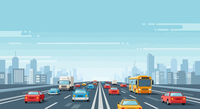 Busy highway traffic with cars and truck, cityscape background, flat design