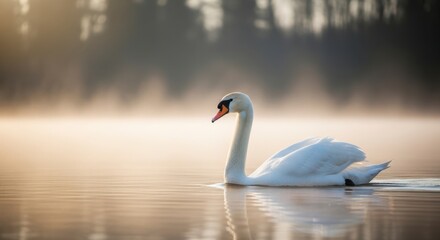 Fototapeta premium A serene swan glides across a peaceful lake at sunrise