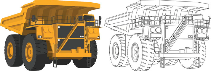 Yellow mining dump truck and blueprint outline heavy construction vehicle for industry and transport isolated on white © Naveed