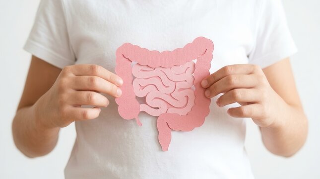 Preteen girl hands holding an intestine shape representing healthy bowel digestion and gut health.