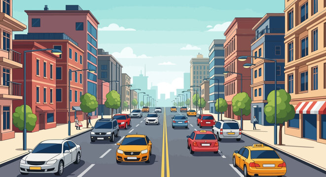 Busy City Street with Cars and Buildings, Urban Traffic Scene, Illustration
