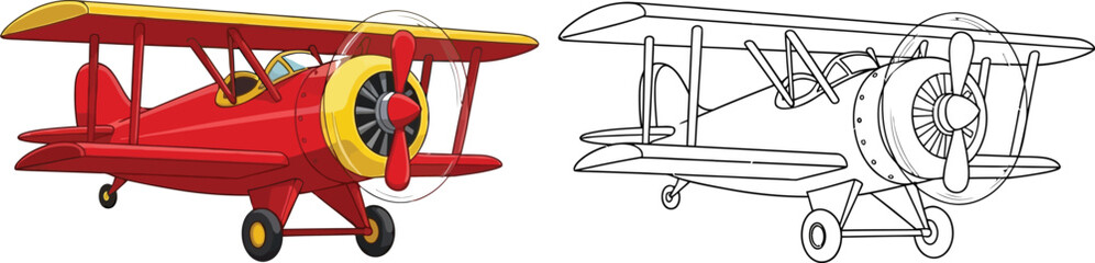 Vintage red biplane with yellow wings cartoon illustration for childrens books and aviation themes isolated on white © Naveed
