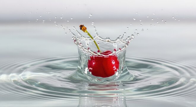 Fresh cherry dropping into clear water.
